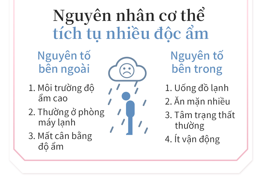 tại sao trong người nhiều độc ẩm do ăn uống không điều độ, nghỉ ngơi không đúng, không vận động, ở hoàn cảnh độ ẩm cao, nếu cơ thể tích tụ nhiều độc ẩm không thải ra được có thể sẽ bắt đầu có những triệu chứng